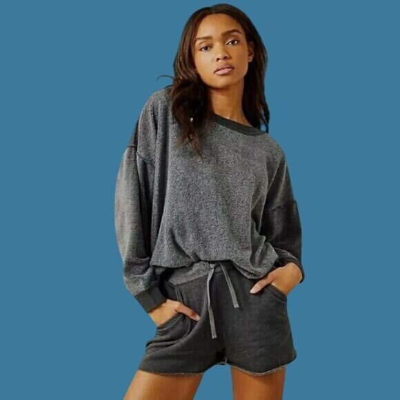 NWT Free People Washed Gray Sweater Shorts Set | Athleisure Indie Lounge Boho L - Picture 1 of 16